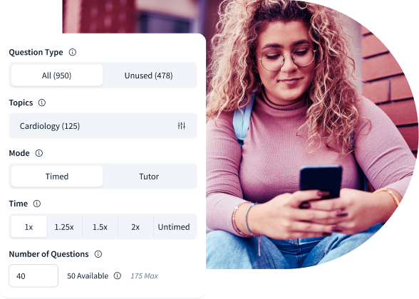 A simple interface shows how you can customize a practice set by question type (all or unused), topic, timed or tutor mode, and number of questions.