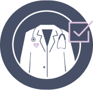SMNP Badge - white coat on blue background with purple checkmark